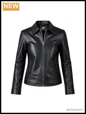 Genuine Leather Jacket for Women, Polo Collar, Quilted, YKK Zipper, All-Season